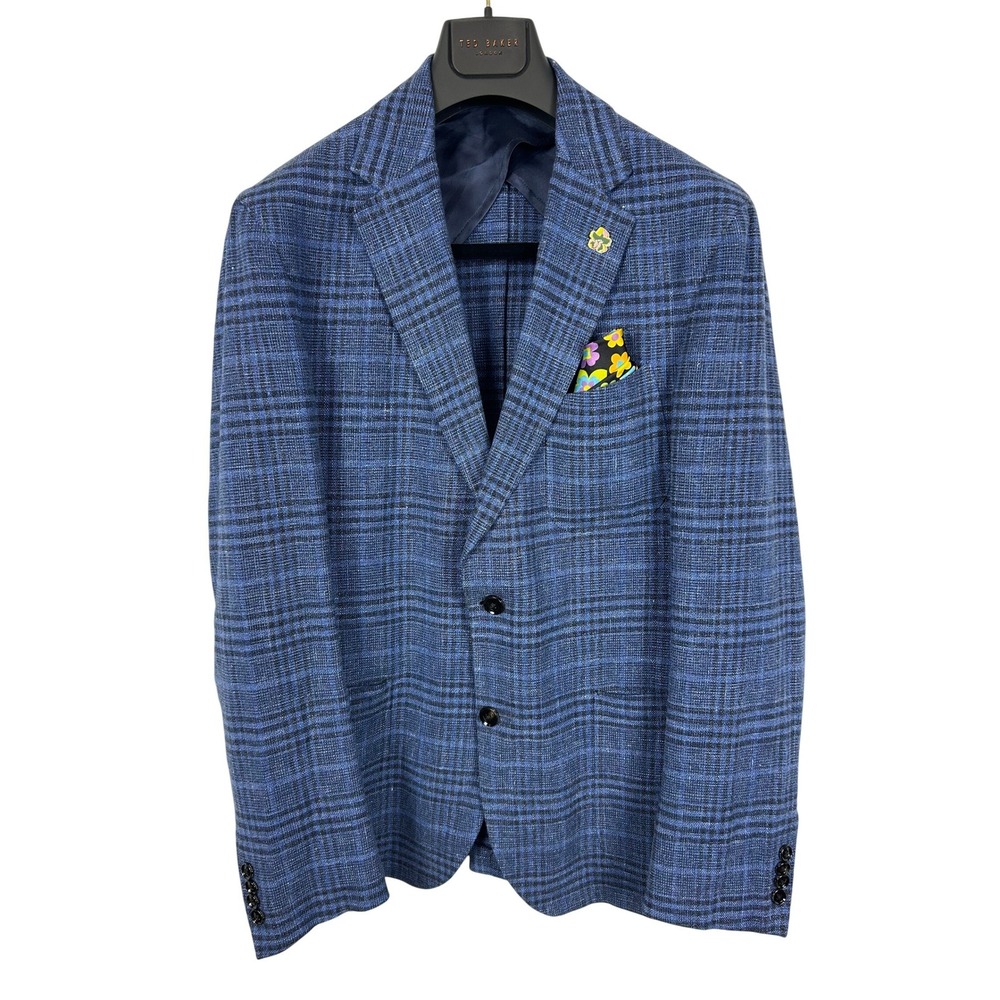 Ted Baker Blue Plaid Wool Linen Summer Blazer Sport Coat Made in Canada 40R